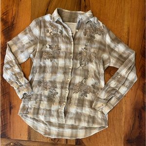 Johnny Was Embroidered Cotton Button Up Top, Saddle Brown & Beige Plaid, Sz Sml